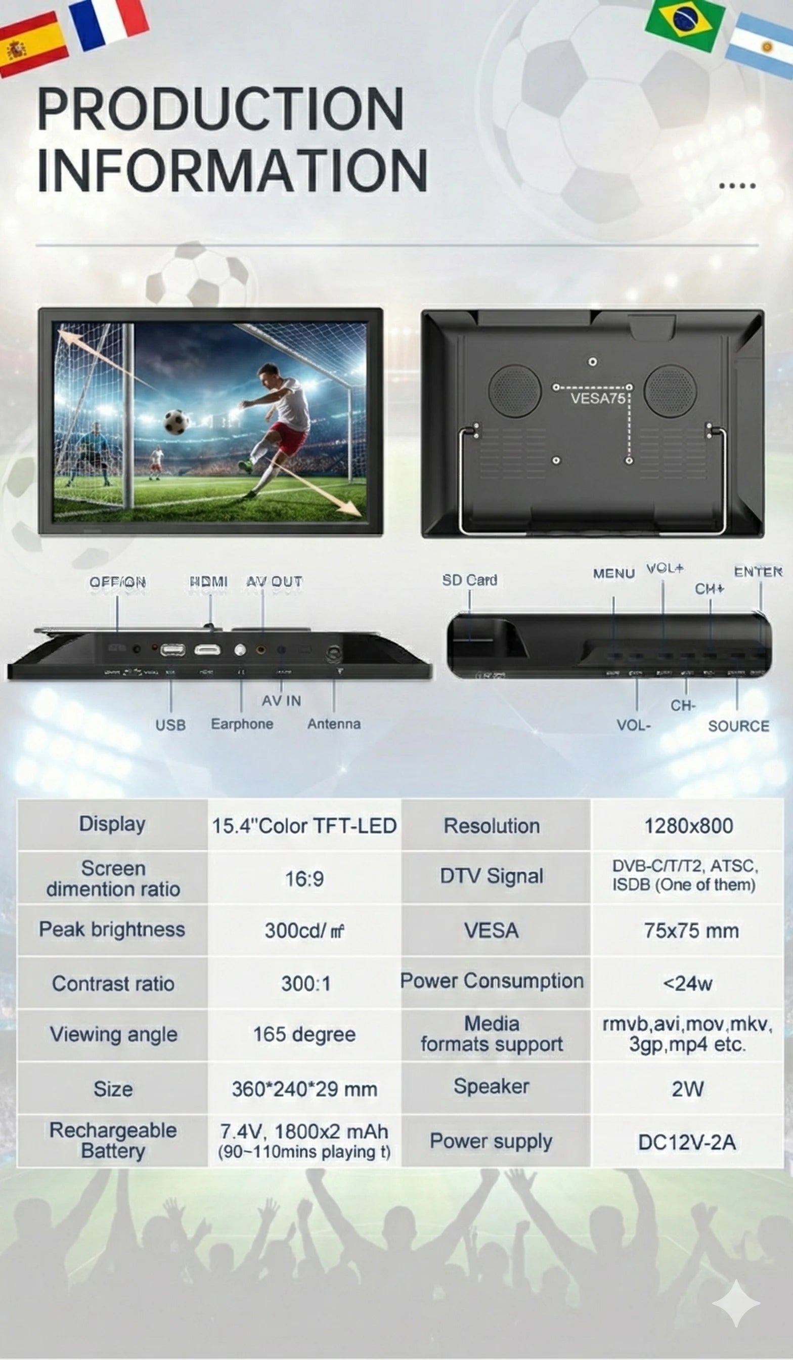 15.4" Portable Android Smart TV FHD LED LCD Digital Television with Built-in Battery DC 12V for Caravan Car Outdoor Camping