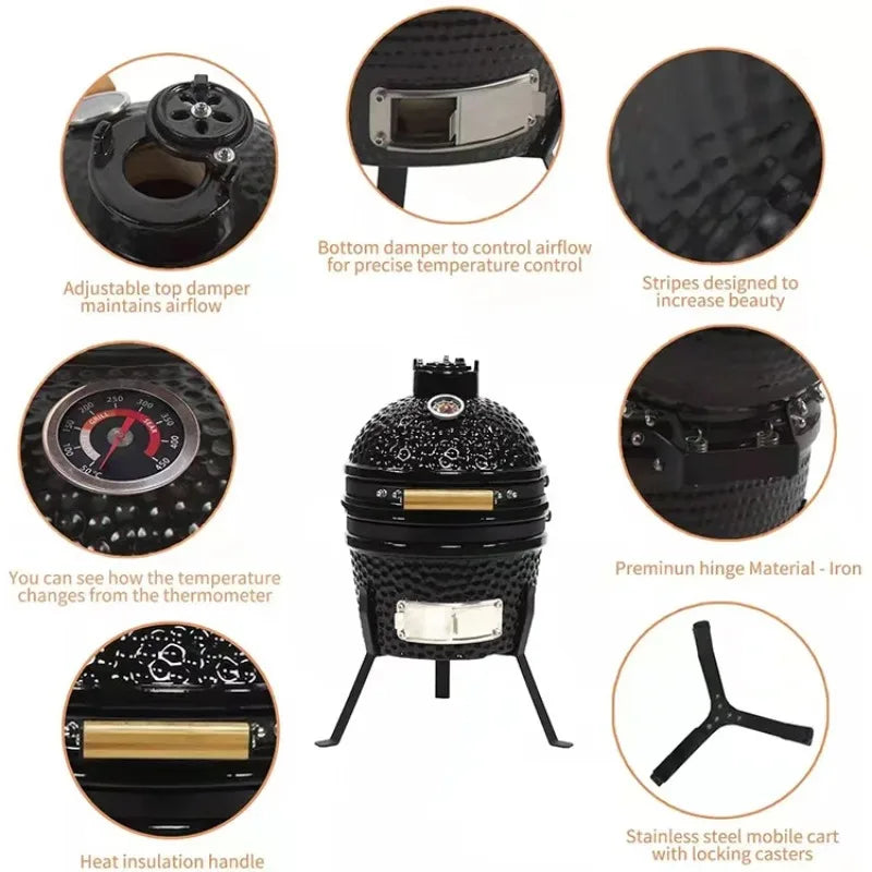 13Inch Ceramic Kamado Grills Outdoor and Indoor Kitchen Camping BBQ Grill