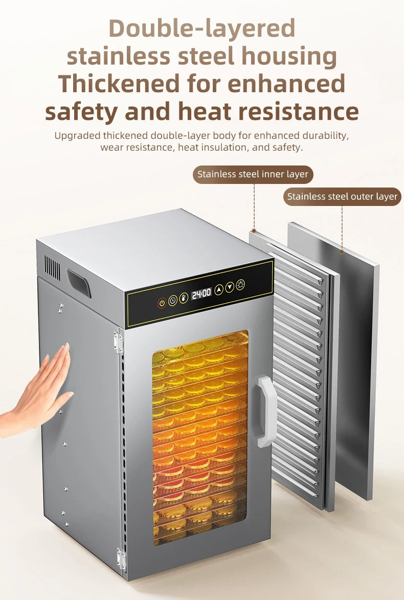 DIVEDEER 6-18 Layer Stainless Steel Food Dehydrator with Adjustable Temperature Control (30~90°C) for Fruits Vegetables Meat