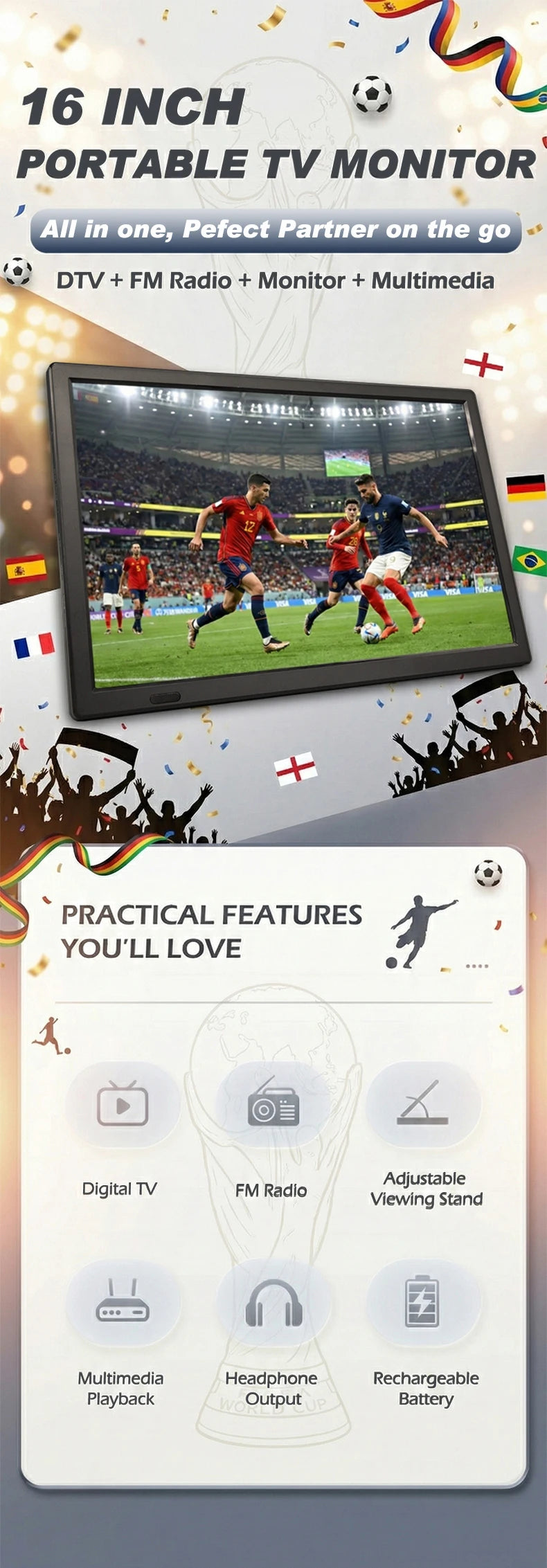 15.4" Portable Android Smart TV FHD LED LCD Digital Television with Built-in Battery DC 12V for Caravan Car Outdoor Camping