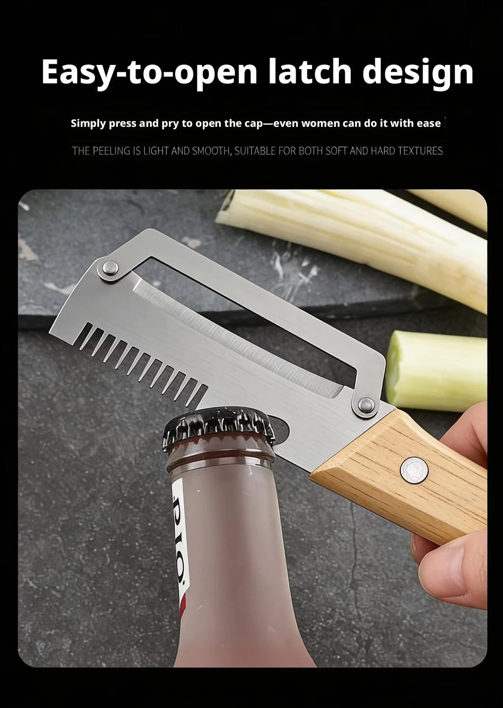 2-in-1 Stainless Steel Peeler Multi-Functional Serrated Vegetable Slicer Fruit Peeling Slicing Wooden Handle New Kitchen Knife