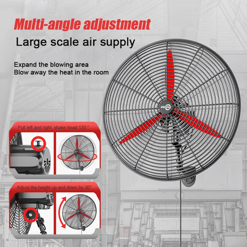 High Power Industrial Wall Mounted Fan Wire Control Adjustable Wind Power Shaking Head Horn Metal Blade Commercial Wall Fan
