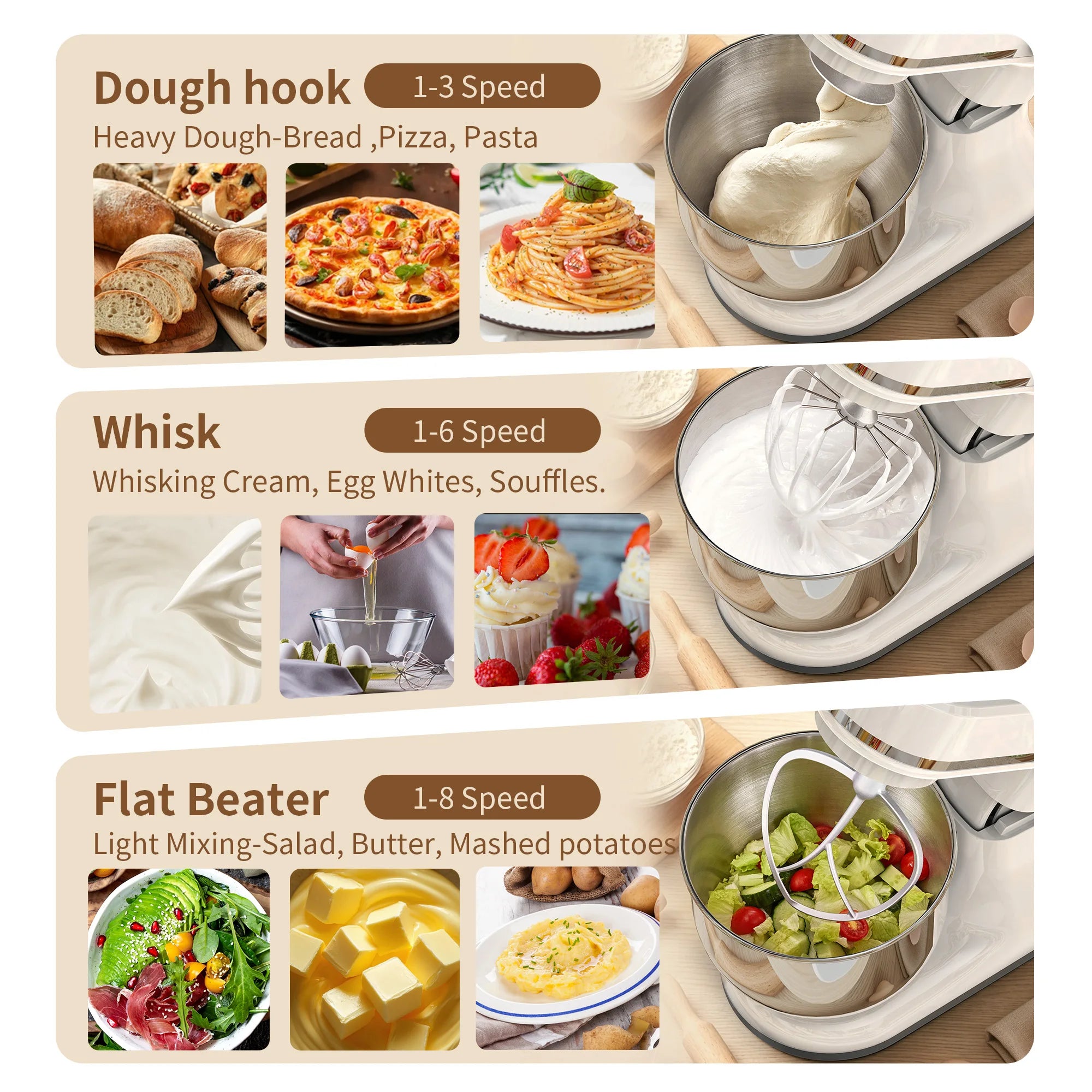 BioloMix 5.5L&4L double bowl Electric Food Mixer,8 Speeds Stand Mixer for Daily Use with Egg Whisk,Dough Hook,Flat Beater