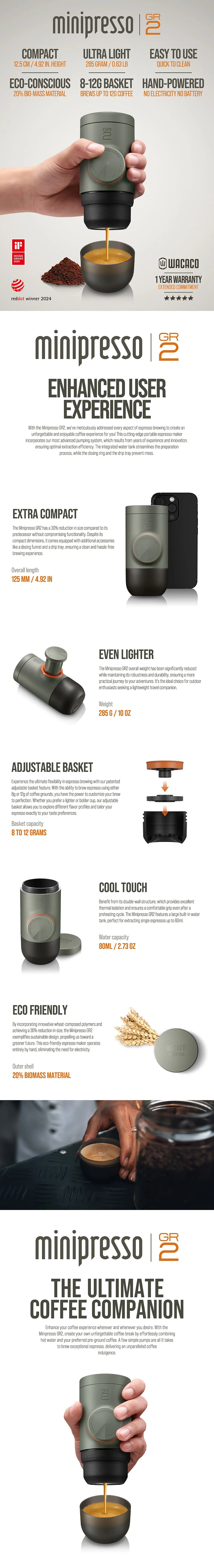 WACACO Minipresso GR2, No Electricity, Espresso Machine for Outdoor Compatible Ground Coffee, Portable Coffee Maker,