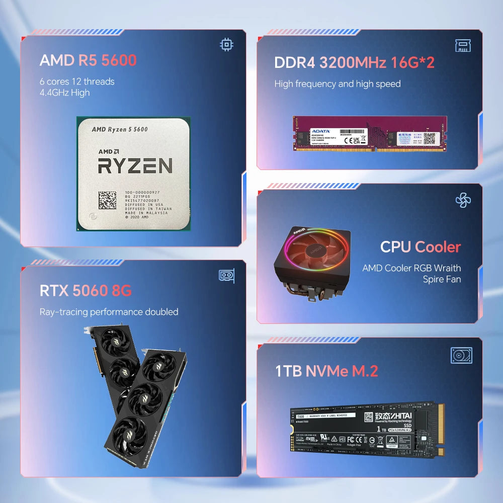 RSION Gaming PC Sea View Room AMD R5 5600 CPU RTX5060 32G RAM 1TB SSD Desktop Game Computer Assembled PC Gamer Full