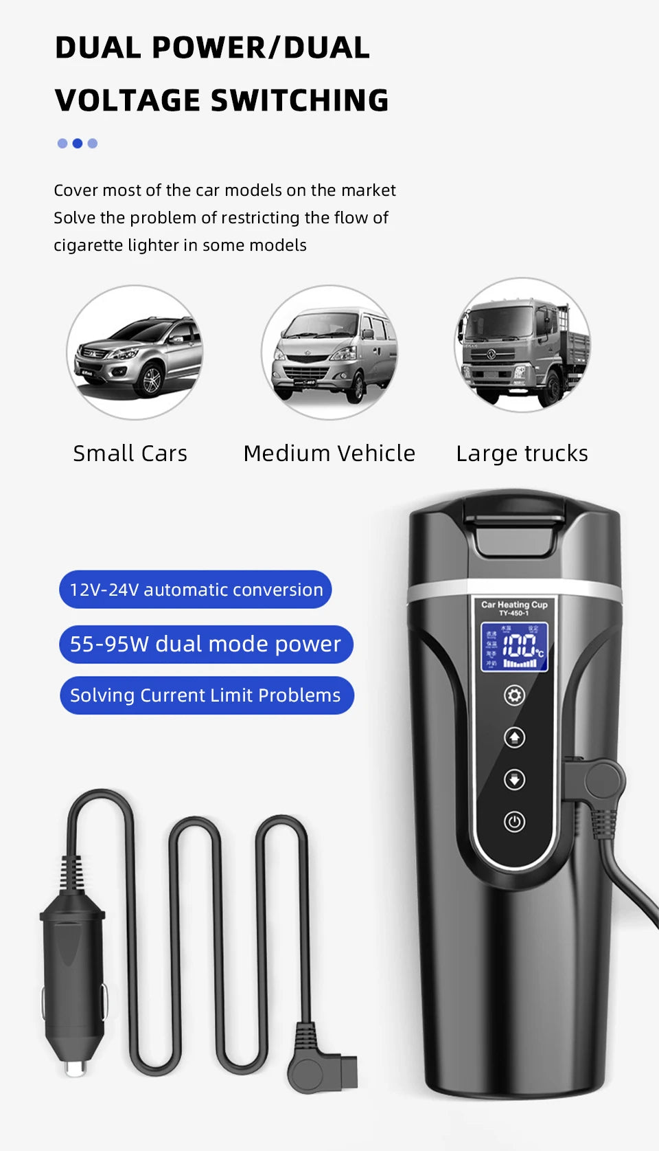 Yanace 500ML Portable Car Electric Kettle Smart Temperature Control Travel Heating Cup for Coffee Milk Tea 12V Auto Boiler