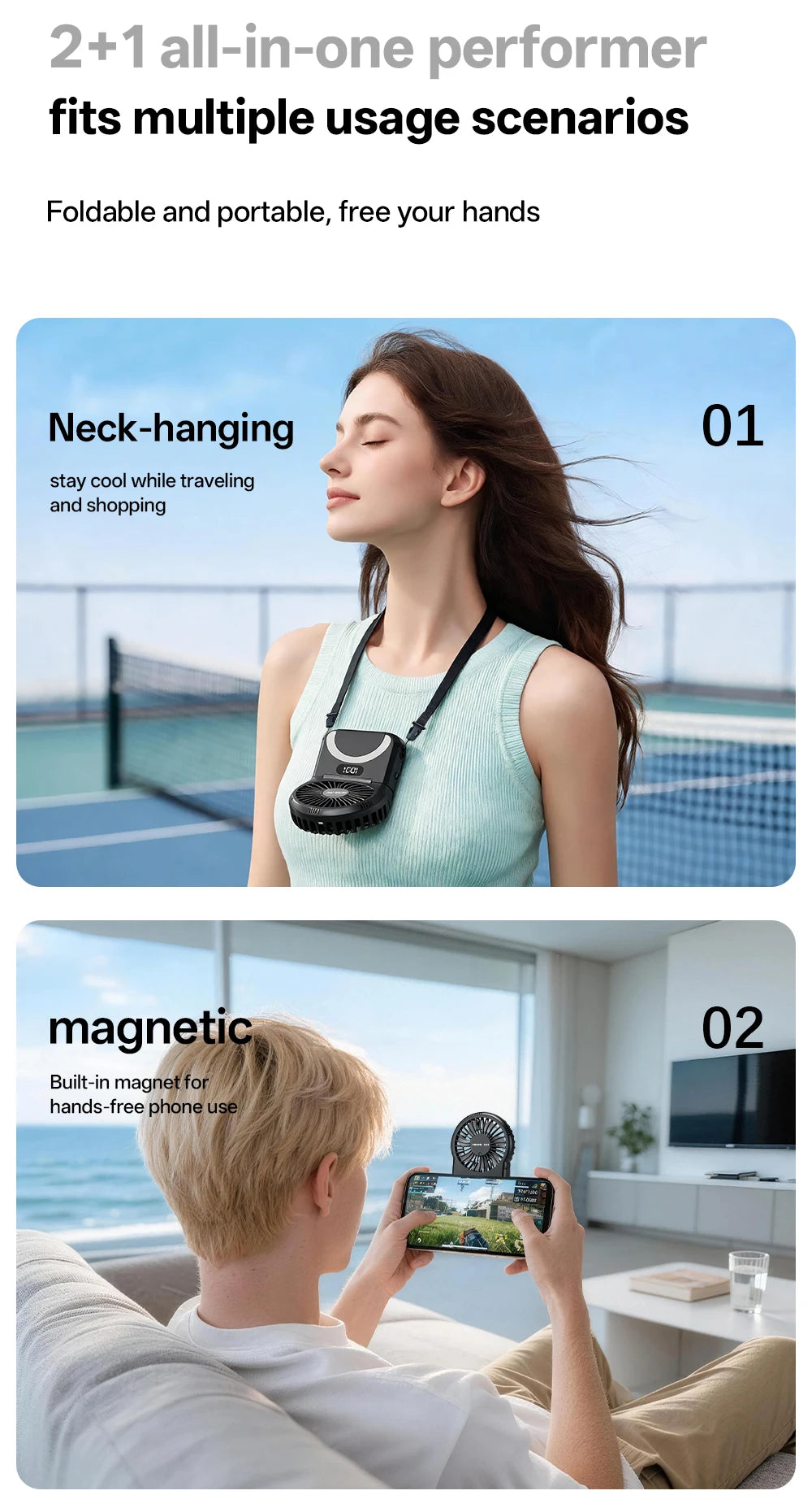OPOLAR Portable Handheld Mini Fan Foldable Neck Hanging Fans 5 Speed USB Rechargeable Fan,LED Display Handheld & Desk Fan 2000mA