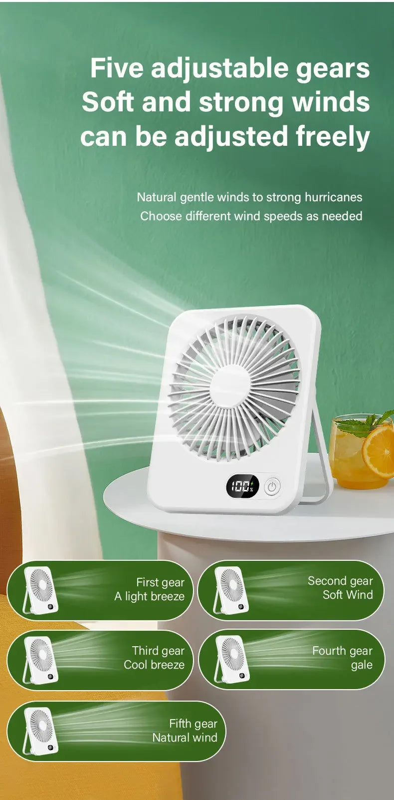 Portable Desk Fan USB Rechargeable Fan 180° Tilt Folding Personal Fan With Power Display 5 Speeds Ultra Quiet Table