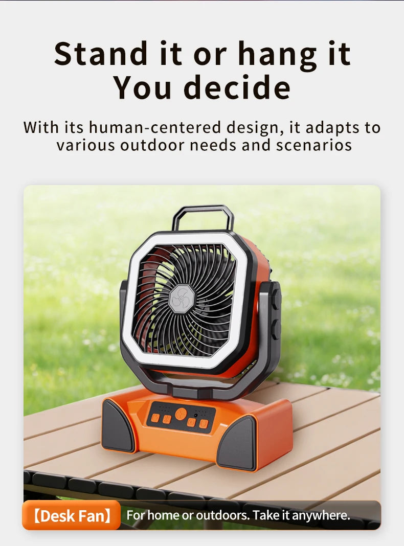50000mAh Outdoor Camping Fan with Remote Contral 4Gears Wind Speed Up to 100 Hours Runtime Handle Portable Cooling Electric Fan