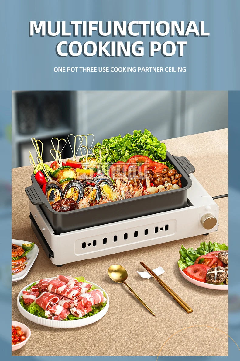 Multifunction 3-in-1 Grill Pan Household Electric Barbecue Machine Smokeless Electric Hot Pot Split Cooking Pot Parrillas