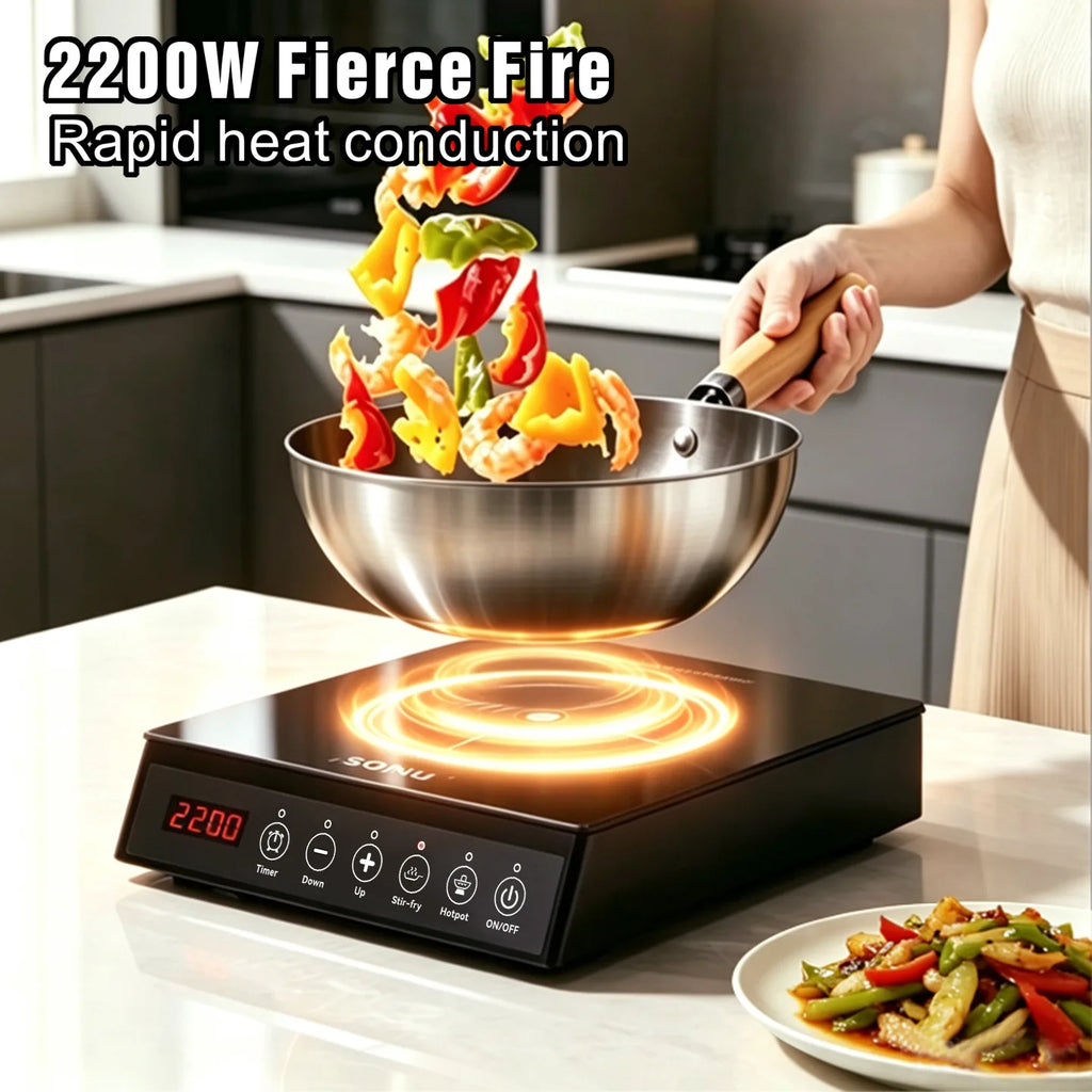 2200W Portable Electric Magnetic Induction Cooker Touch Panel Waterproof Hotpot Heating Stove Touchpad Cooktop Stir Fry Dish Coo
