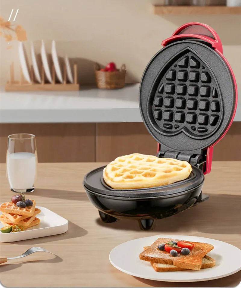 110V Heart Waffle Maker Mini Cake Maker Double-Sided Heating Doughnut Portable Breakfast Machine Breakfast Mold Kitchen Supplies