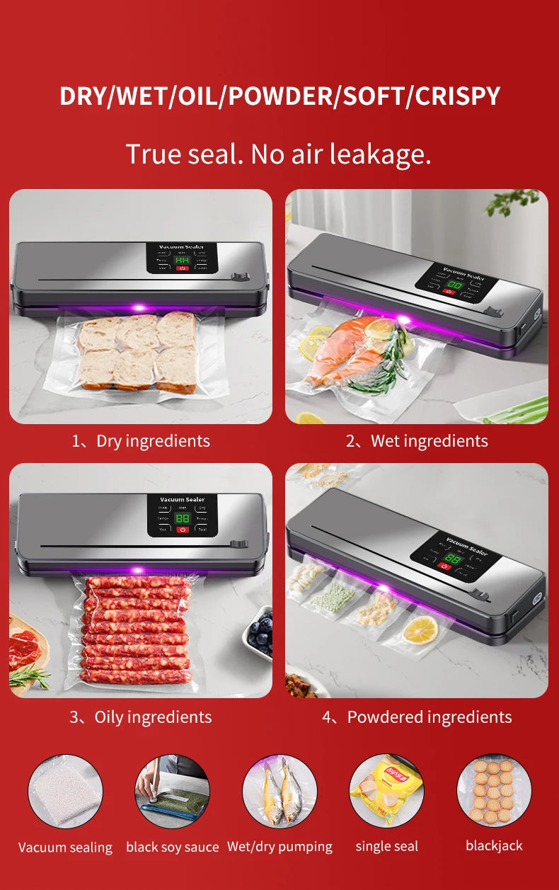 Electric Vacuum Sealer Machine with Built-in Cutter Touch Button Kitchen Food Storage Sealing for Dry/Wet Foods