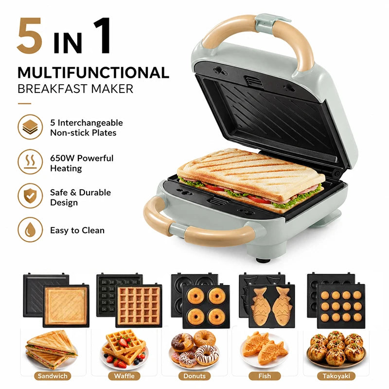 Mini Sandwich Maker Breakfast Machine Multi Cooker Electric Toaster Oven Hot Plate Bread Pancake Waffle Donut Maker for Kitchen
