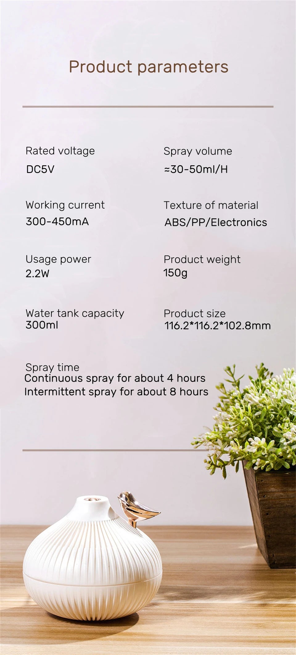 300ml USB Air Humidifier Mini Water Aroma Diffuser with Warm LED Night Light for Home Room Ultrasonic Cool Mist Humidificador