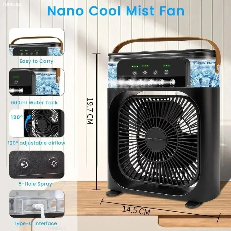 3-in-one Portable Air Conditioner Fan with LED Light Humidifier Timing Function Desktop Spray Fan for Home and Office Use