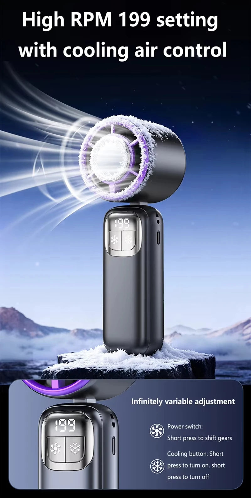 Lenovo 199 High Speed Air Ice Cooler Fan USB Rechargeable Turbo Jet Handheld Fan with Brushless Motor for Outdoor Office Travel