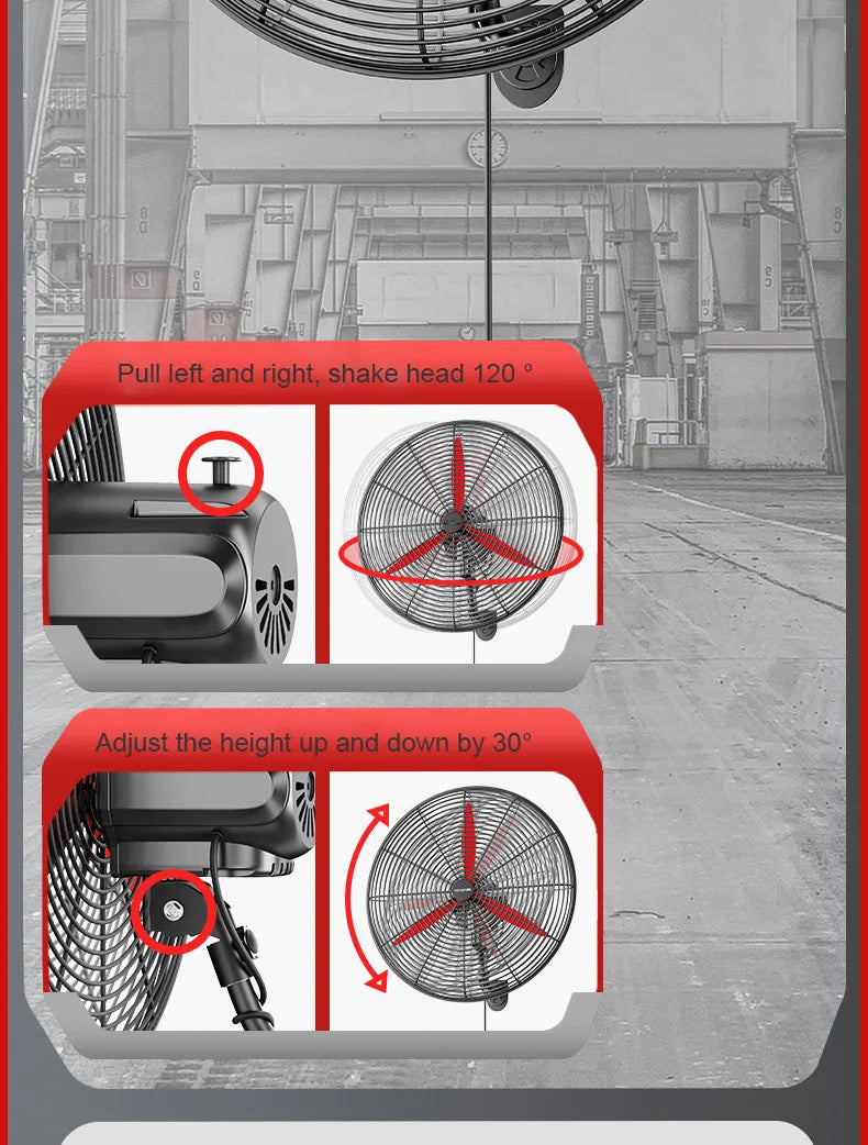 High Power Industrial Wall Mounted Fan Wire Control Adjustable Wind Power Shaking Head Horn Metal Blade Commercial Wall Fan