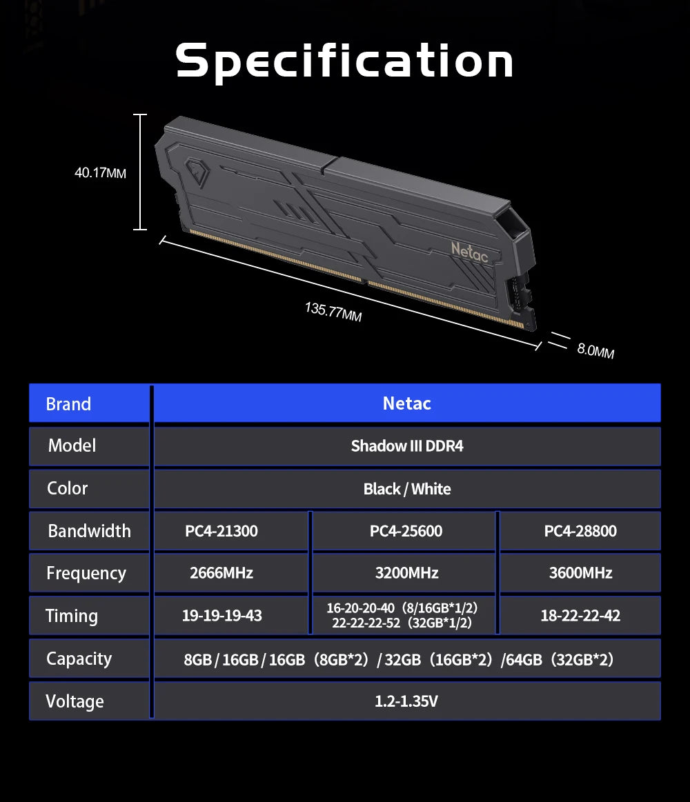 Netac DDR4 Memory Shadow Ill 3200MHz 3600MHz Ram UDIMM DDR4 8G 16G 8Gx2 16Gx2 with Aluminum Heatsink Support XMP2.0 for Desktop