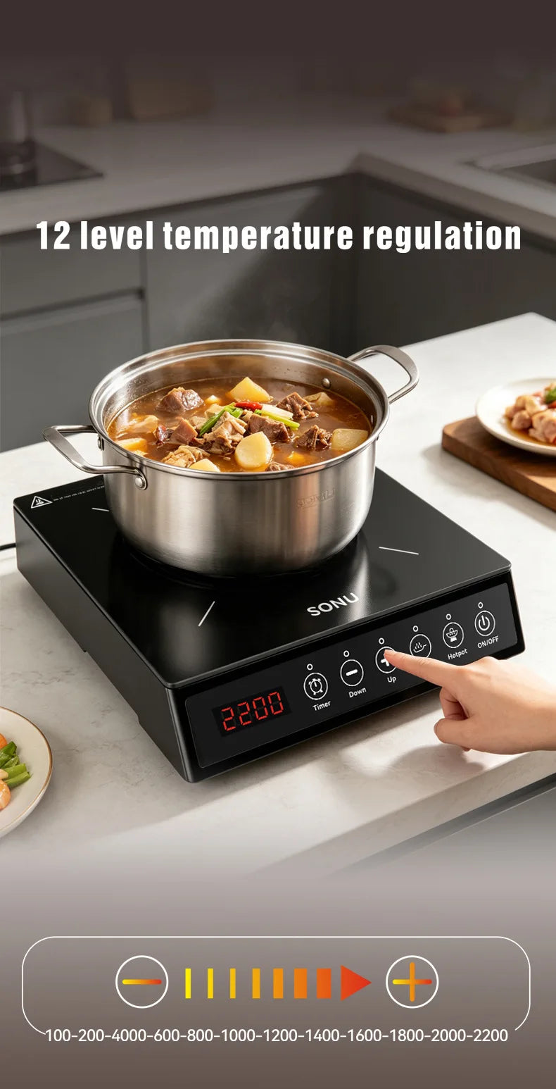 2200W Portable Electric Magnetic Induction Cooker Touch Panel Waterproof Hotpot Heating Stove Touchpad Cooktop Stir Fry Dish Coo