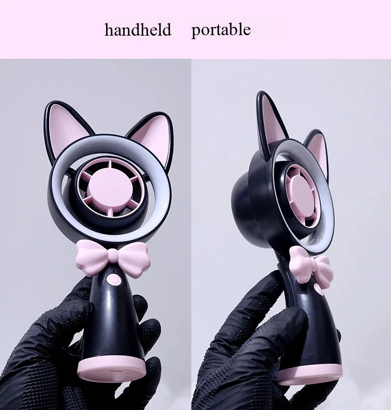 New Cat-Shaped Handheld Fan with Strong Wind, USB Charging, Suitable for Student Dormitories, Desktop Small Fan with Light