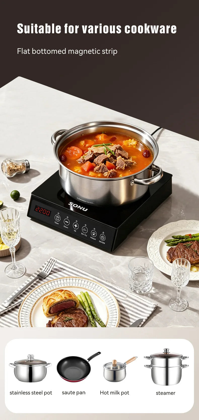 2200W Portable Electric Magnetic Induction Cooker Touch Panel Waterproof Hotpot Heating Stove Touchpad Cooktop Stir Fry Dish Coo