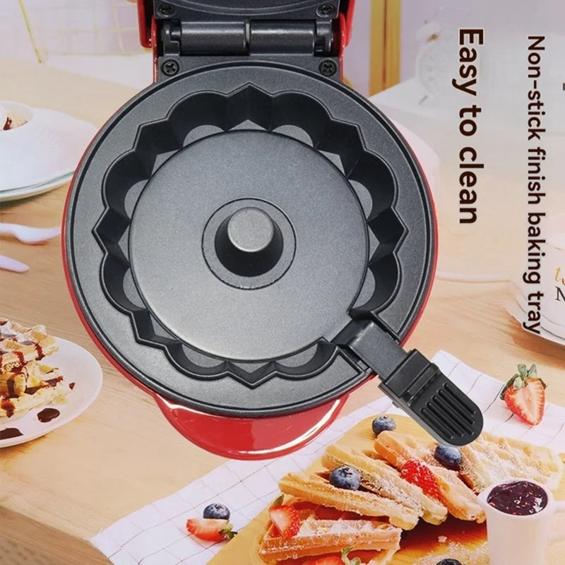 110V Heart Waffle Maker Mini Cake Maker Double-Sided Heating Doughnut Portable Breakfast Machine Breakfast Mold Kitchen Supplies