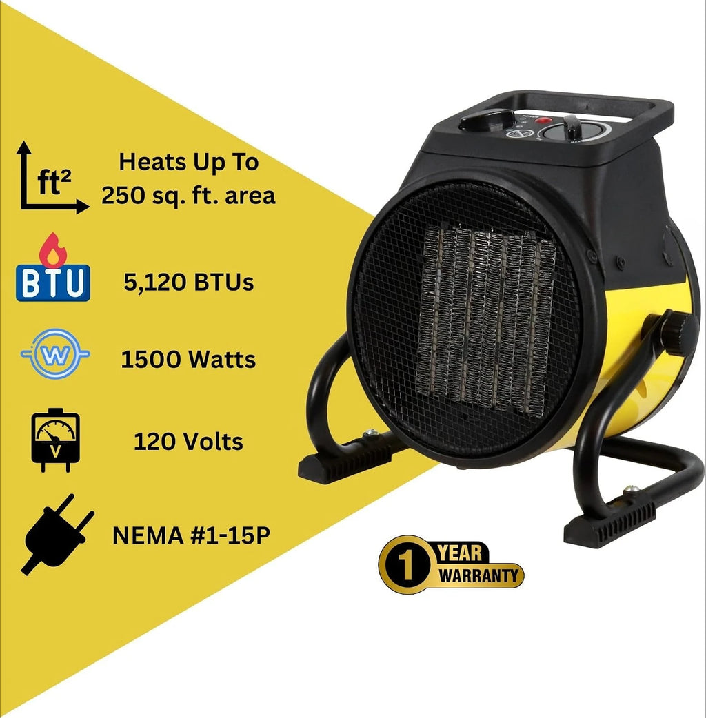 2026 New Upgrade Electric Forced Air Heater With Pivoting Base 5,120 BTU, Yellow | Electric Garage Heater
