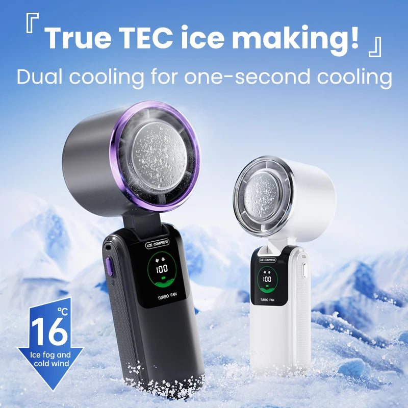 2025 New Ice Pack High-Speed Handheld Eletric Fan 100 Speed Adjustable Folding Mini Fan Portable Outdoor Hanging Neck Small Fan