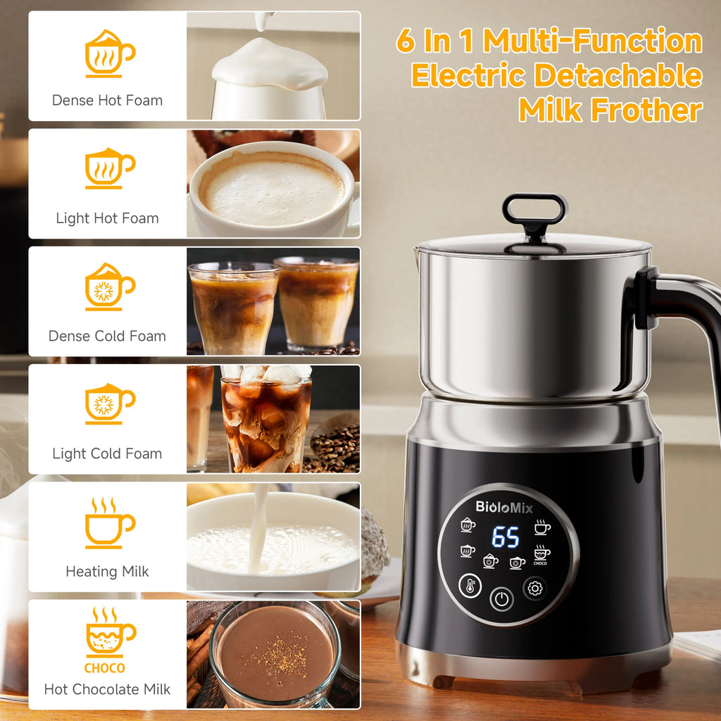 BioloMix Electric Detachable Milk Frother and Steamer,6-in-1 Automatic Hot/Cold Foam and Hot Chocolate Maker,Dishwasher Safe