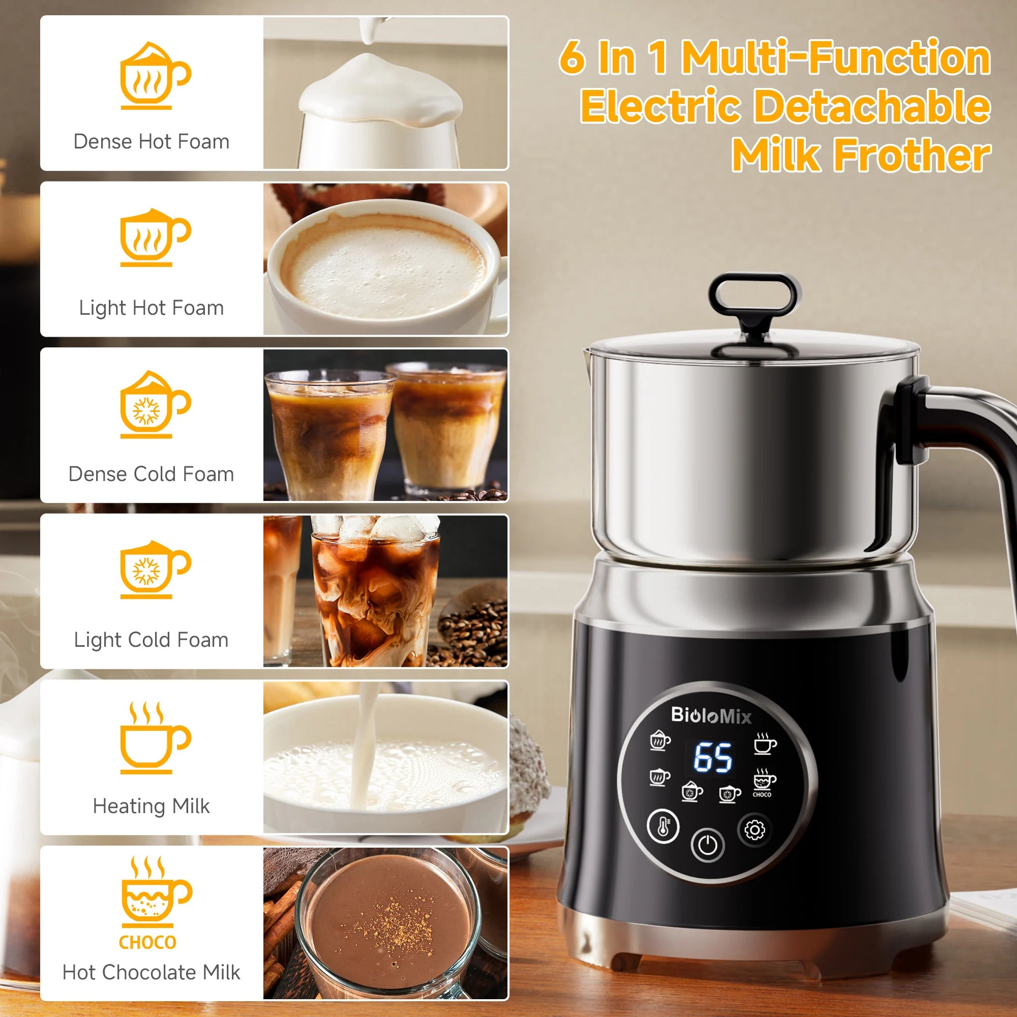 BioloMix Electric Detachable Milk Frother and Steamer,6-in-1 Automatic Hot/Cold Foam and Hot Chocolate Maker,Dishwasher Safe