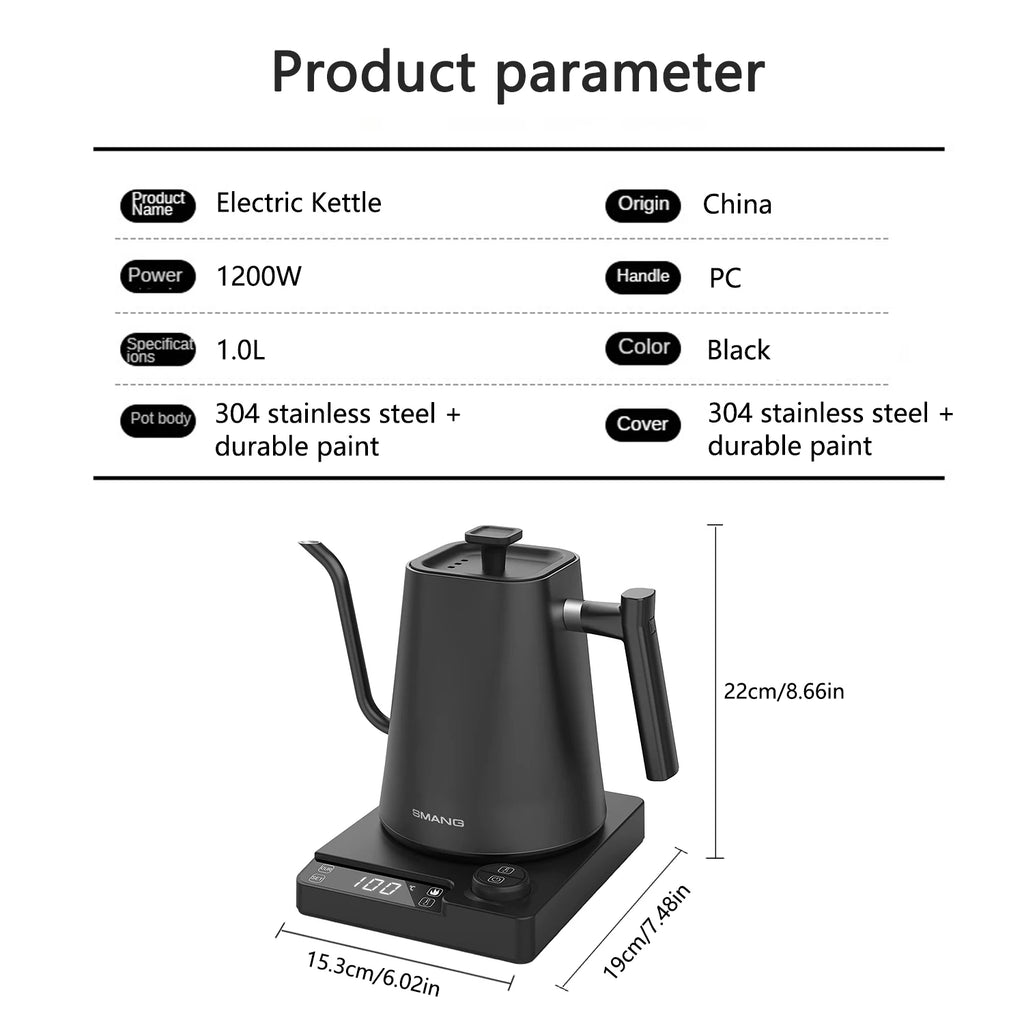 SMANG 1200W Gooseneck Electric Kettle 1L Temperature Control Coffee Kettle Pour Over Coffee Kettle Rapid Heating Kettle