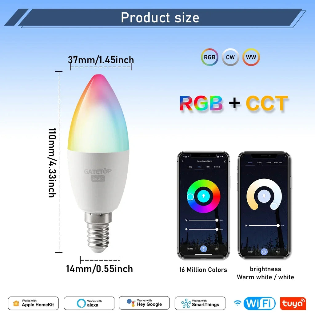 1-10PCS LED Candle Tuya Bulb WiFi E14 Smart RGB CW AC 85-265V 6W LED Lamp C37 Bulbs App Voice Control Support Alexa Google Home