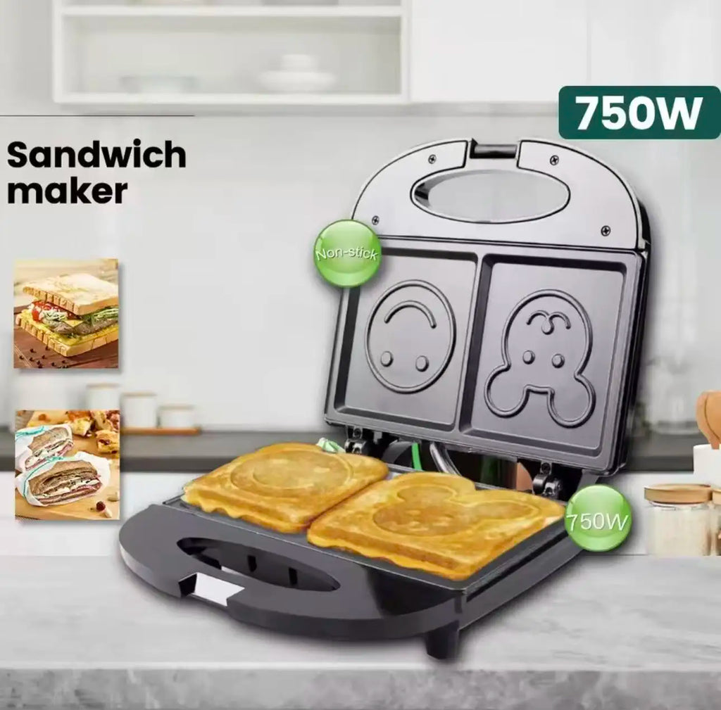 110V Household Sandwich Machine 750W Waffle Sandwich Maker Smiling Face Cute Toast Bread Machine Double-sided Heating Frying Pan