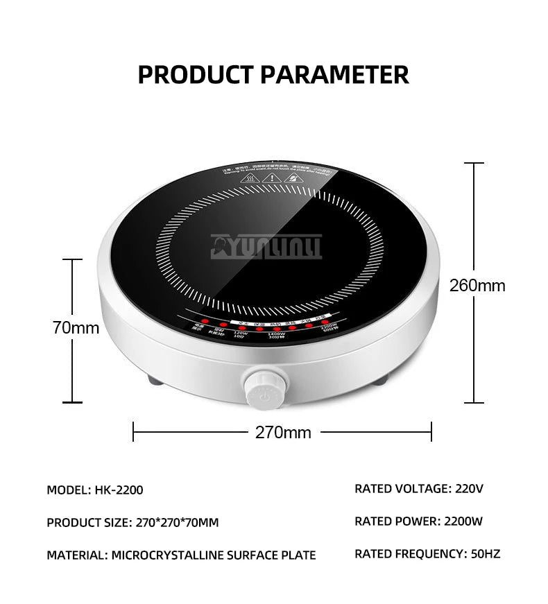 Round Smart Induction Cooker Household 2200W Inductions Kochplatte High Power Portable Cooktop Black Microcrystalline Panel