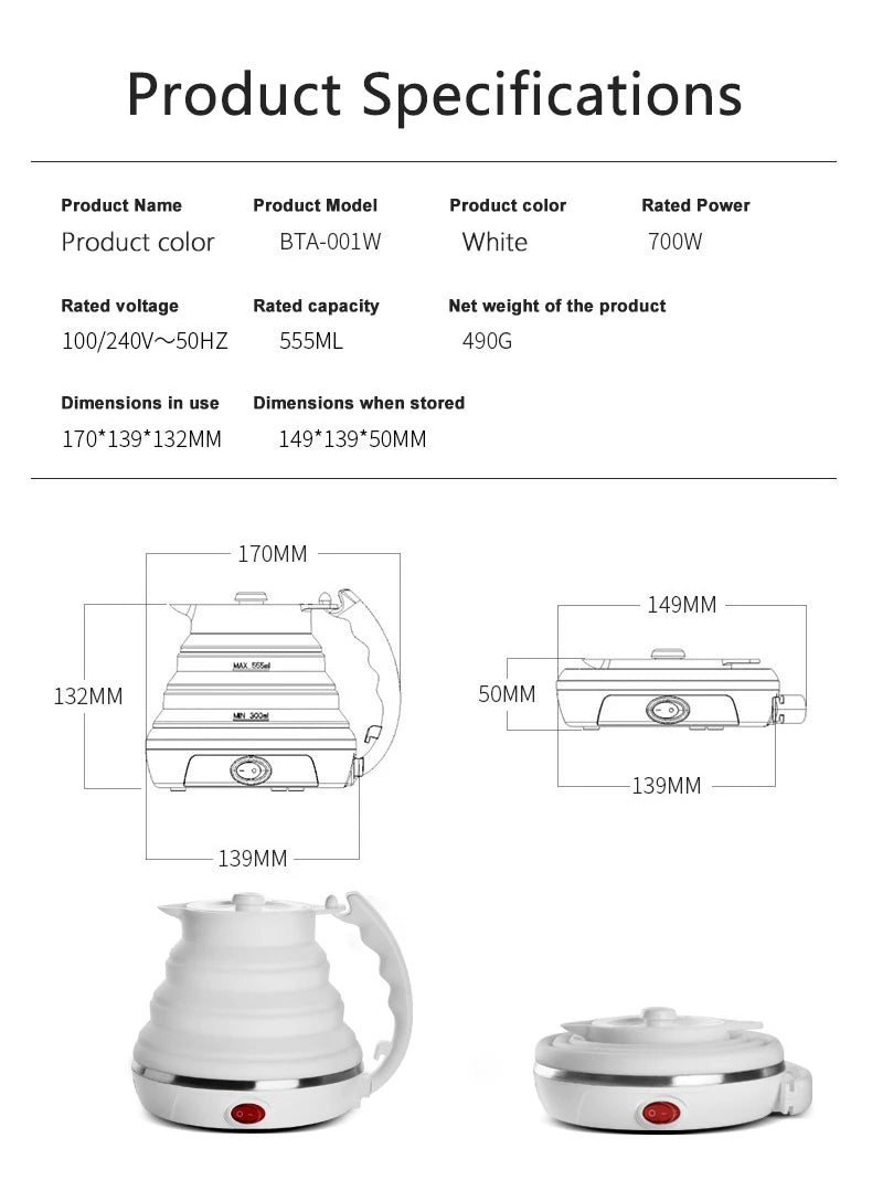 JFBONIN 555ml 220V Mini Portable Folding Electric Kettle 700W Silicone Compression Water Heater for Home And Easy Travel Use