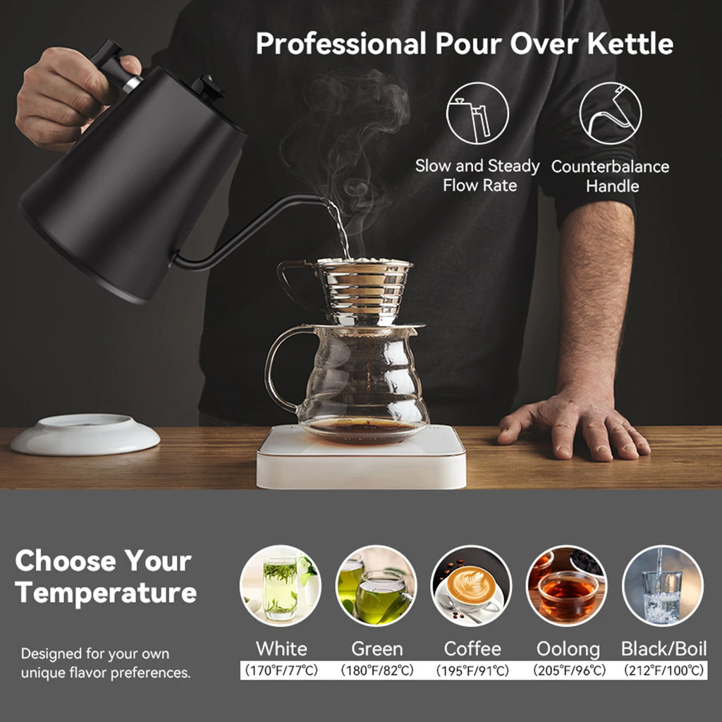 SMANG 1200W Gooseneck Electric Kettle 1L Temperature Control Coffee Kettle Pour Over Coffee Kettle Rapid Heating Kettle
