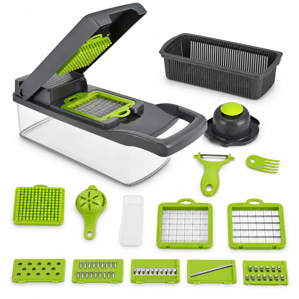 16PCS Vegetable Chopper with Container, 7 Blades Manual Onion Dicer Mandoline Slicer Grater with Drain Basket