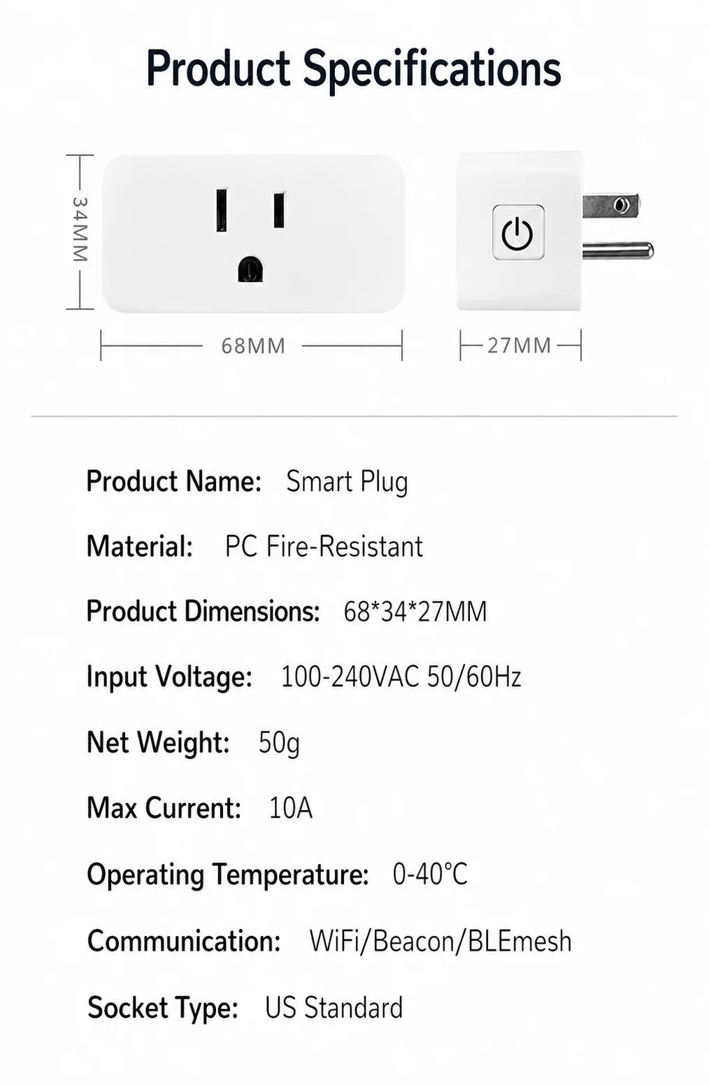 Tuya US-Spec Smart Plug 10A with Wi-Fi Connectivity, Timer Function, and Voice Control—Ideal for Smart Homes