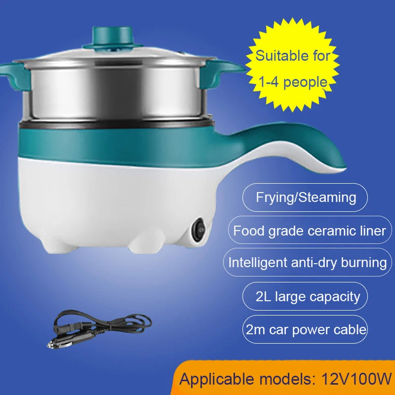 2L Portable Car Electric Hot Pot,12V/24V Multifunction Double‑Layer Cooking Pan, Travel Soup Rice Cooker Steamer for Car & Truck