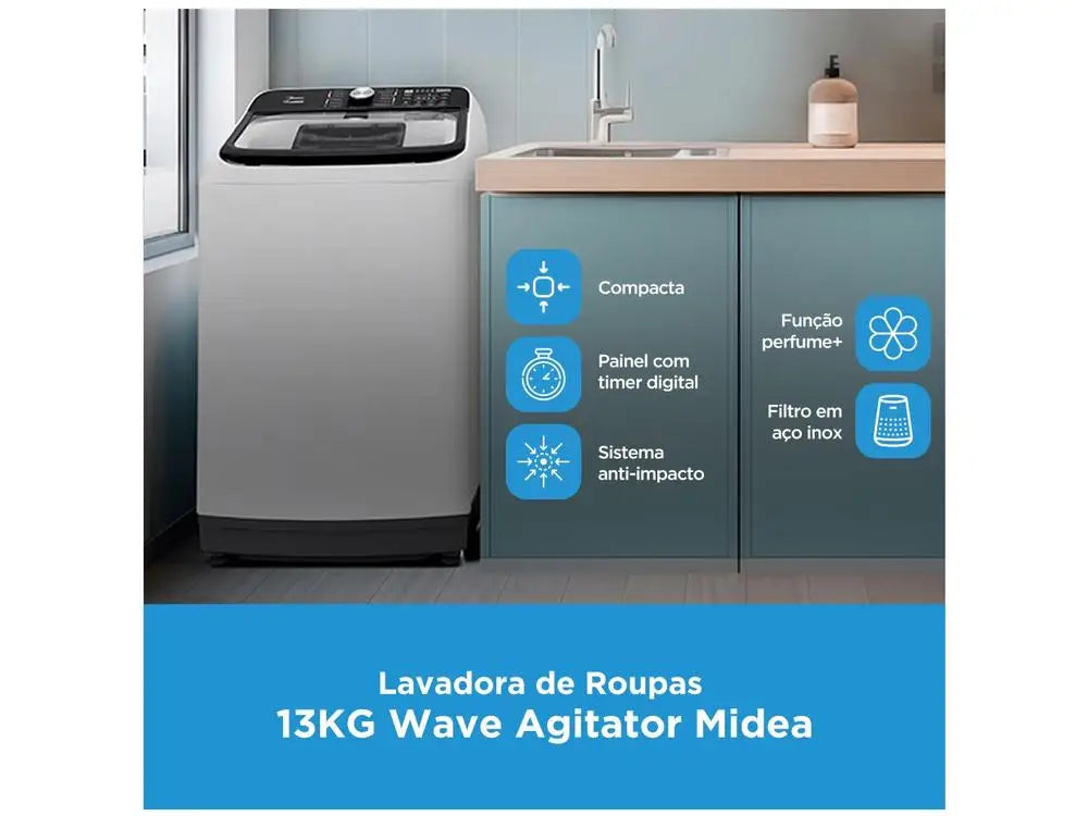 Midea 13kg Washing Machine Stainless Steel Basket 13 Washing Programs White Wave Agitator - 220V