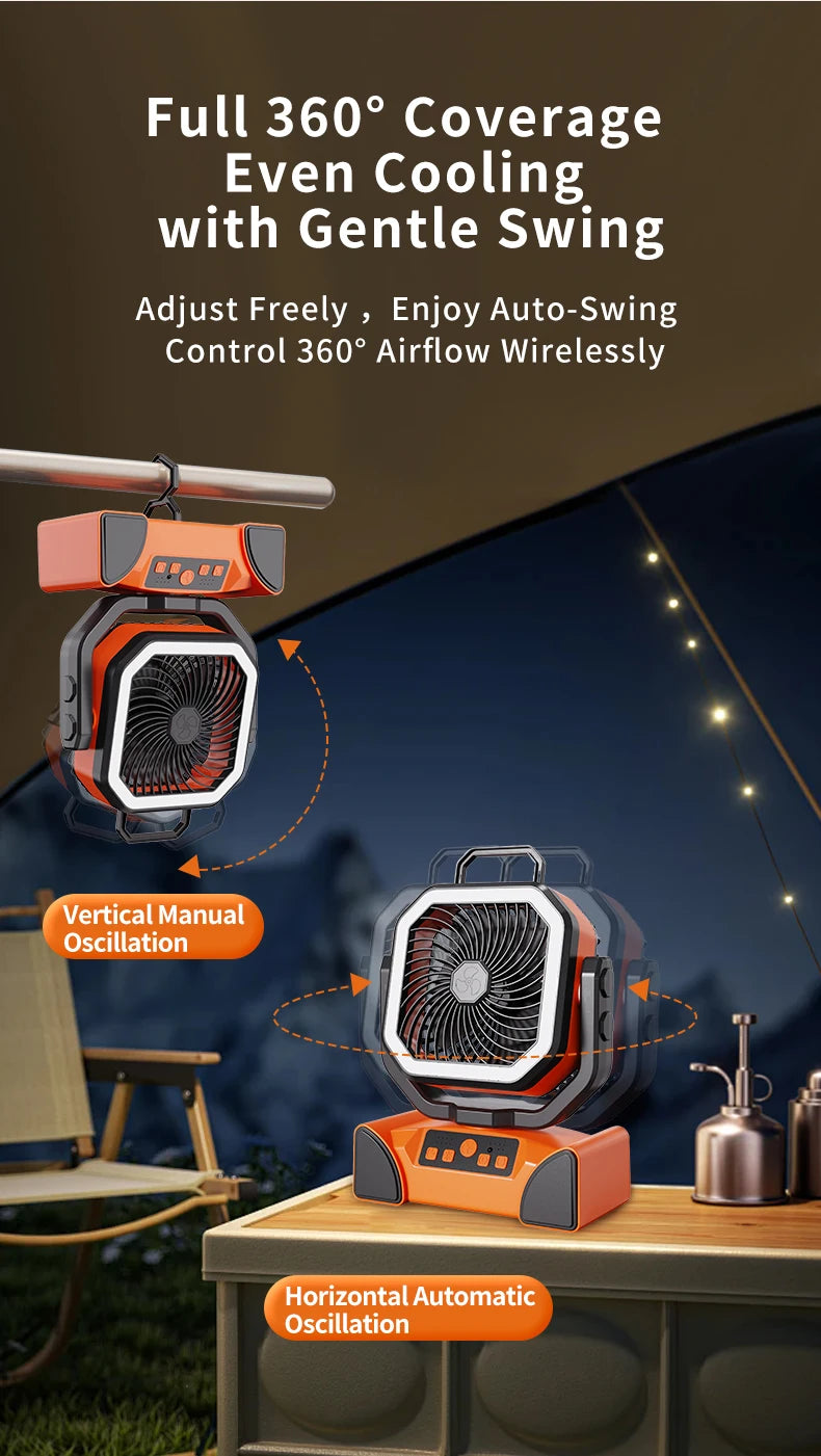 50000mAh Outdoor Camping Fan with Remote Contral 4Gears Wind Speed Up to 100 Hours Runtime Handle Portable Cooling Electric Fan