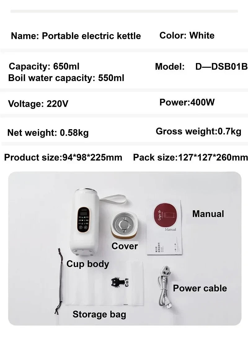 650ml Electric Water Cup Portable Temperature Control 304 Stainless Steel Electric Kettle Thermos Cup Travel Hot Water Kettle
