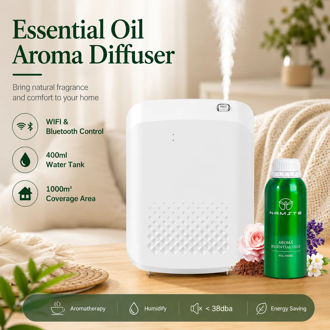 NAMSTE New Electric Aroma Diffuser Bluetooth 1000m³  Diffuser Essentail Oil  Aromatherapy Machine Device Electric Aromatic Oasis