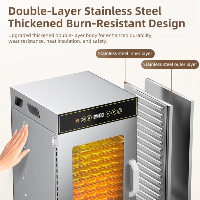 DIVEDEER 6-18 Layer Stainless Steel Food Dehydrator with Adjustable Temperature Control (30~90°C) for Fruits Vegetables Meat