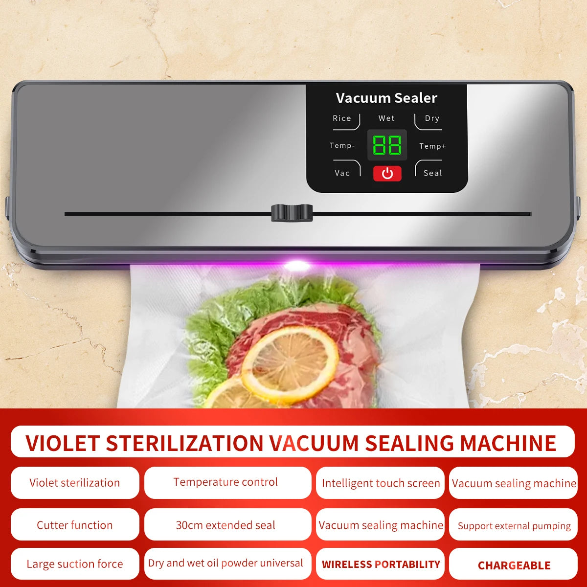 Electric Vacuum Sealer Machine with Built-in Cutter Touch Button Kitchen Food Storage Sealing for Dry/Wet Foods