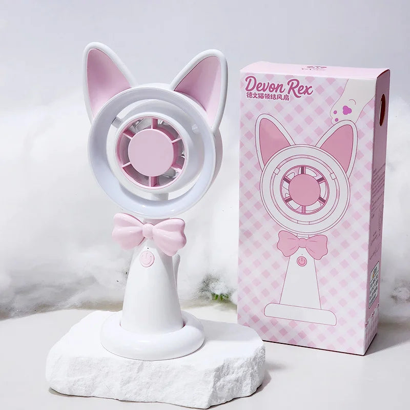 New Cat-Shaped Handheld Fan with Strong Wind, USB Charging, Suitable for Student Dormitories, Desktop Small Fan with Light