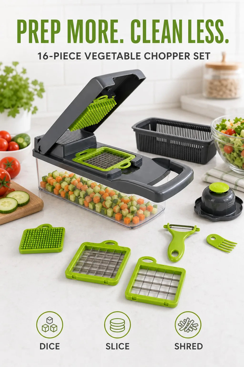 16PCS Vegetable Chopper with Container, 7 Blades Manual Onion Dicer Mandoline Slicer Grater with Drain Basket
