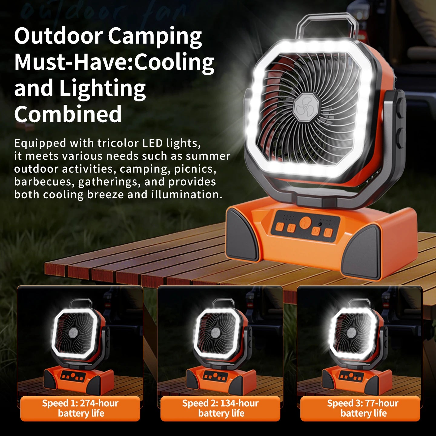 50000mAh Outdoor Camping Fan with Remote Contral 4Gears Wind Speed Up to 100 Hours Runtime Handle Portable Cooling Electric Fan