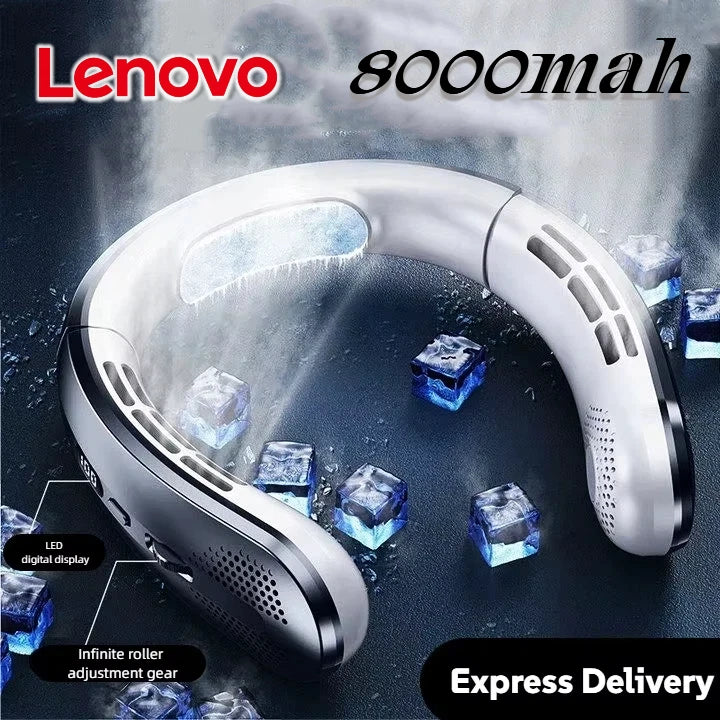 Lenovo Hanging Neck Fan 8000mAh Portable Bladeless USB Rechargeable Mute LED Digital Display Electric Air Cooler USB Handheld